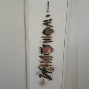 Hazel Olsen 1992 signed pottery fish driftwood shell hanging sculpture 50 inch